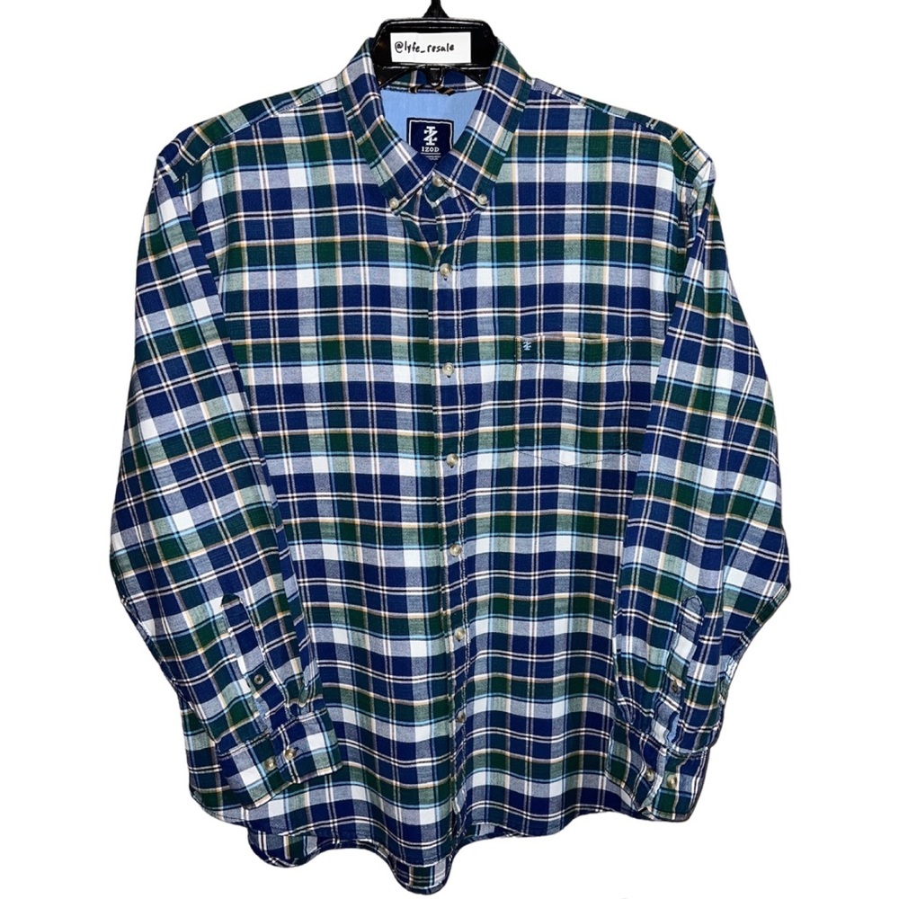 Izod Shirt Men’s Size XL Blue Green Yellow Plaid Button Long Sleeve Casual